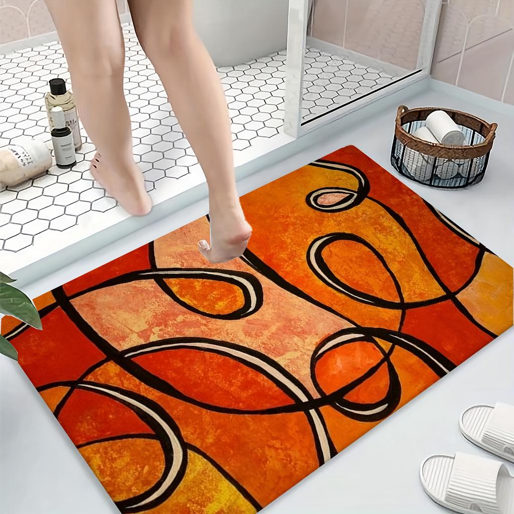 Tapis de Bain Géométrique Orange Abstrait, Tapis Antidérapant Imprimé Lignes Noires, Moquette Douce pour Salle de Bain, Salon, Cuisine, Décoration Moderne