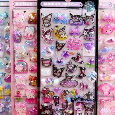 Luminous Cute Sanrio 3D Relief Stickers Kawaii Girls Kuromi Cinnamoroll My Melody Crystal Decals Kids Decoration Sticker Packs