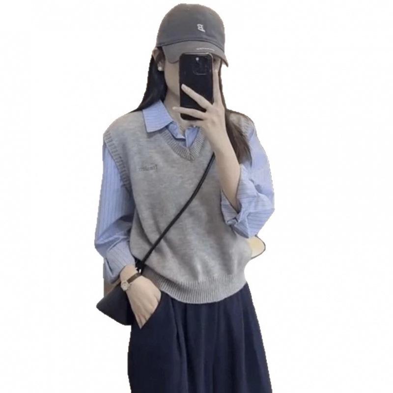 Color-Block Fake Two-Piece Long-Sleeve Layered Sweater for Spring/Autumn 2025