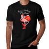 Santa Flamingo Merry Flocking Christmas Humor Quote Pink Bird With Bag Of Gifts TShirt