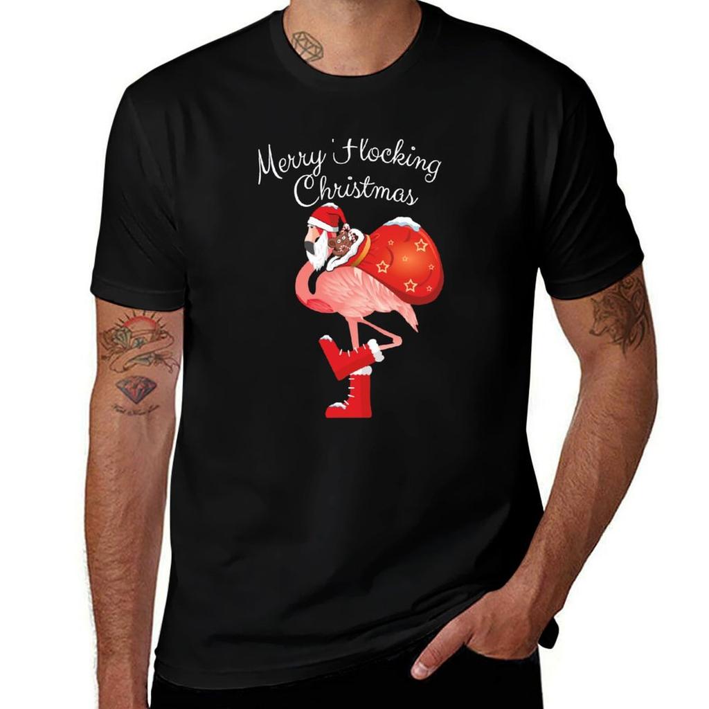 Santa Flamingo Merry Flocking Christmas Humor Quote Pink Bird With Bag Of Gifts TShirt