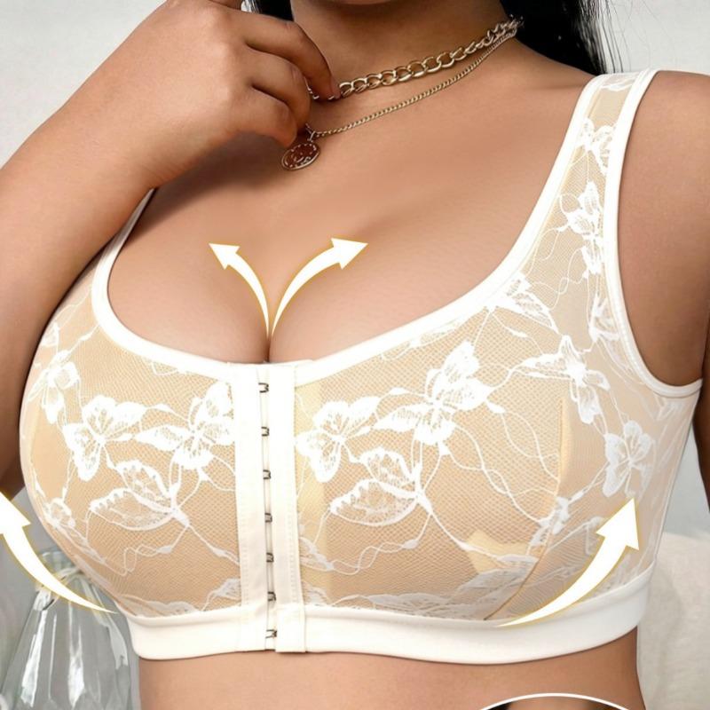 Plus Size Wireless Front Closure Bra for Women Floral Lace Adjustable Breathable Cutout Back Comfort Tank Intimates