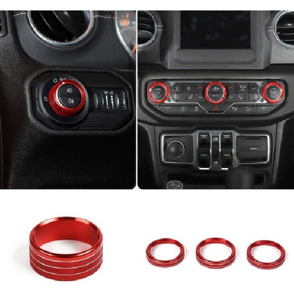 4x Red Headlight &Air Conditioner Switch Knob Ring Trim for Jeep Wrangler JL 18+