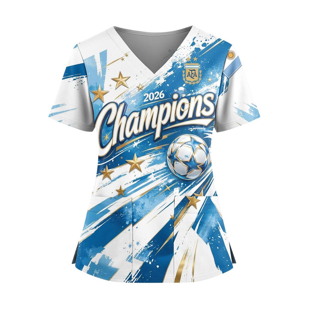 Women's V-Neck Short Sleeve Work Top with Pockets and Side Slits, Soccer Flag Print