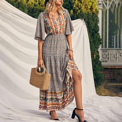 Yousheng Women Dress Ethnic Bohemian Style Printing V Neck Short Sleeves Elastic Waist Pleated Patchwork A-line Maxi Dress Summer Vacation Beach Dress