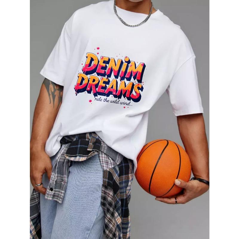 Denim Dreams White T Shirt with Colorful Graffiti Print and Ride The Wild Wind Slogan for Casual Streetwear Fashion