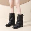 Fashion Vintage Stack Boots Women's Fashion Round Toe Sleeve Metal Buckle Non-Slip Wear-Resistant Block Heel Single Boots