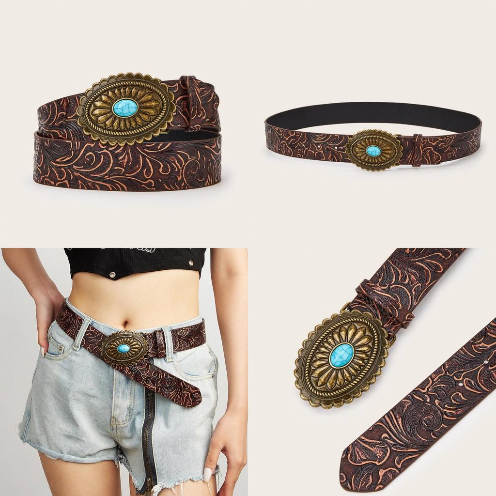 Fashion Simulation Gemstone And Metal Buckle Decor Flower Pattern Women Belt