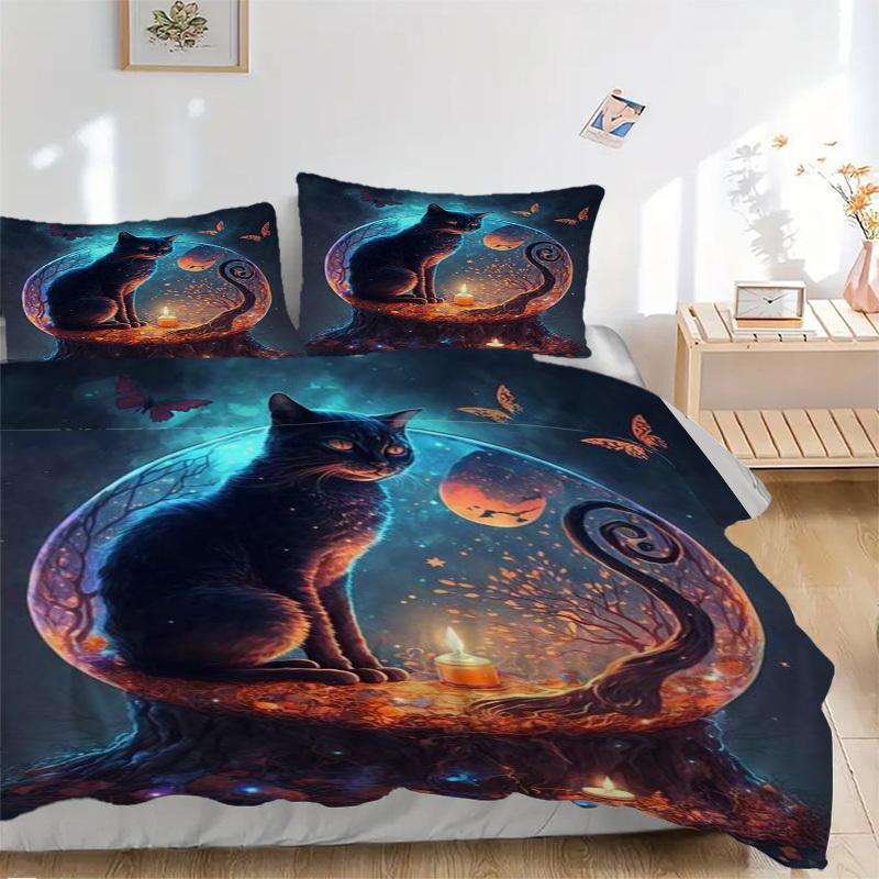 3pcs Anime Cat Moon and Butterflies Bedding Set - Includes One Quilt Cover and Two Pillowcases (No Core) - Home Decor, Festival Gift, Polyes