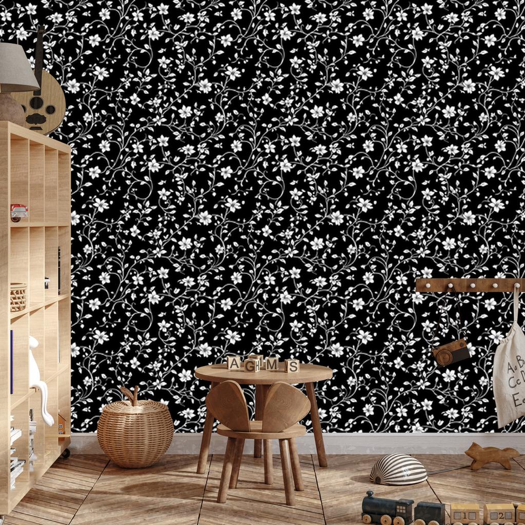 Wallpaper Black and White Flowers Graphite and Black for Living Room and Bedroom 50x1000