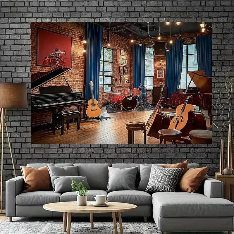 2D Vintage Music Studio Backdrop Brick Wall Photography Background for Live Streaming