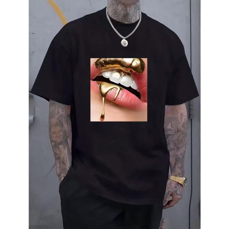 

Men S Casual Short-Sleeved T-Shirt with a Bold Sexy Lips Graphic Print, Loose Fit, Round Neck, Beige, Perfect for Casual Wear And Casual Outings 4XL чорний