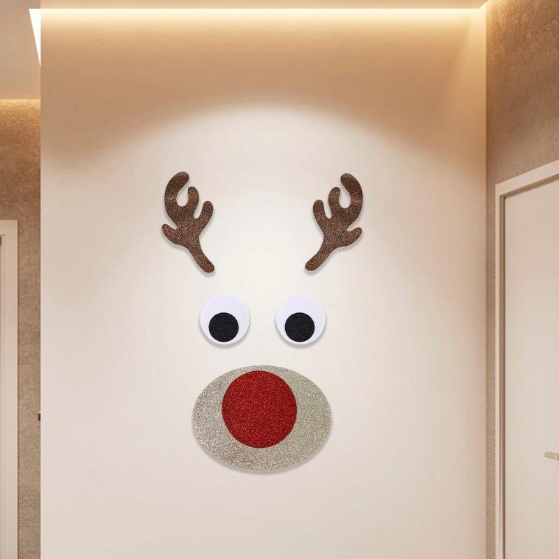 1pcs tChristmas Felt Reindeer Cartoon Door Sticker Shop Window Decor Holiday Decoration with Glitter Paper for Festive Decor