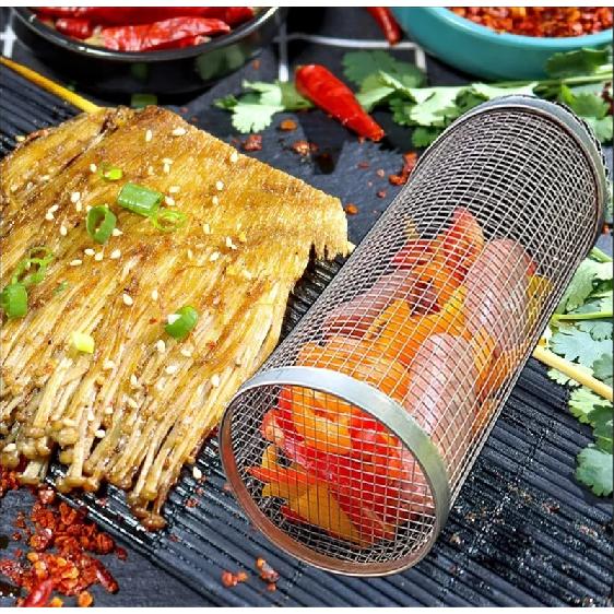 BBQ Basket Stainless Steel Rolling Grilling Basket Wire Mesh Cylinder Grill Basket Portable Round Outdoor Camping Barbecue Rack