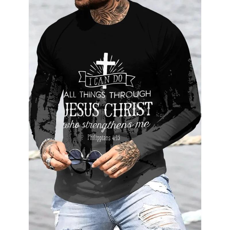 Autumn and Winter Men's Cross 3D Printed Crew Neck Long Sleeve T-Shirt