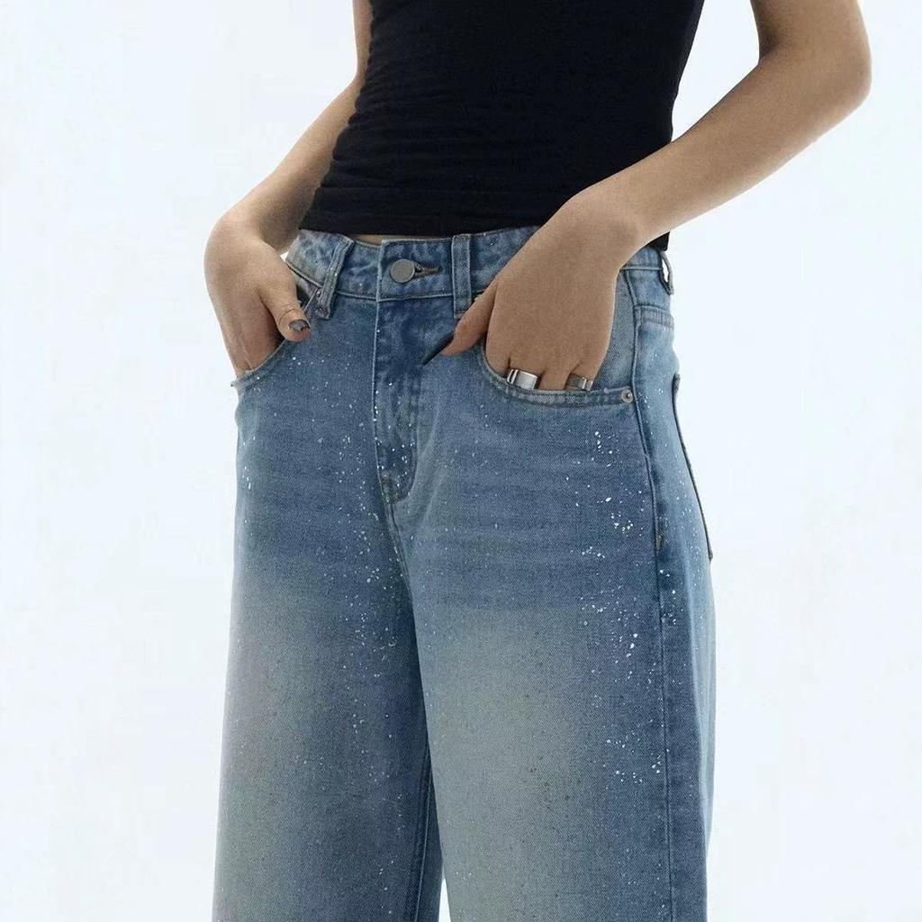Starry Sky Shiny Wide-Leg Slimming High-Waisted Denim Pants for Women - Flaw-Concealing, Leg-Lengthening Straight Fit