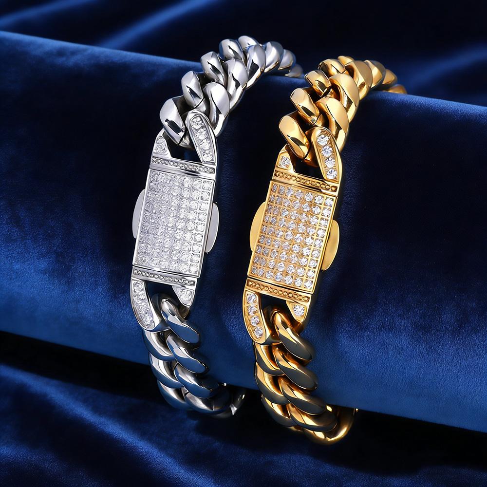 12MM Width Stainless Steel Miami Cuban Link Bracelet Iced CNC Inlay Cubic Zirconia Hip Hop Jewelry for Men Women Wholesale