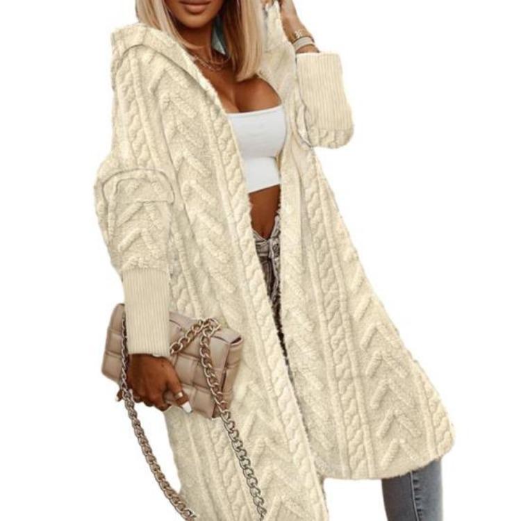 

Autumn Winter Women Knitted Cardigan Long Hooded Coat Loose Oversized Sweater Jacquard Texture Solid Color Knee Length Outerwear S бежевый