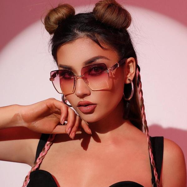 Oversized Rimless Sunglasses for Women Geometric Diamond Cutting Gradient Lens UV Protection Fashion Shades Trendy