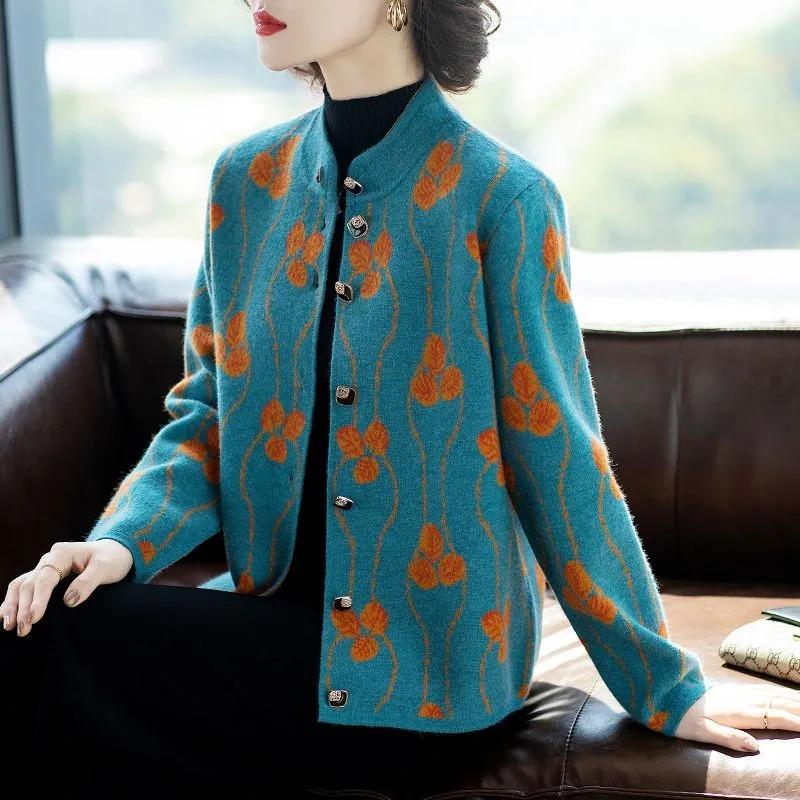 

Женский кардиган на пуговицах с длинными рукавами, контрастного цвета, с цветочным принтом, с круглым вырезом, модный, повседневный, элегантный топ для осени и зимы L синий