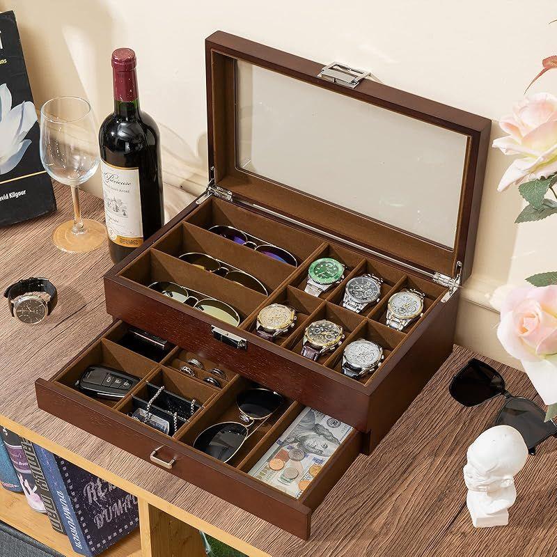 Used ProCase Wooden Men's Jewelry Box, 2 Tier Watch Holder & Sunglasses Box Organizer, Display Case with Clear Glass Top and Storage Drawer