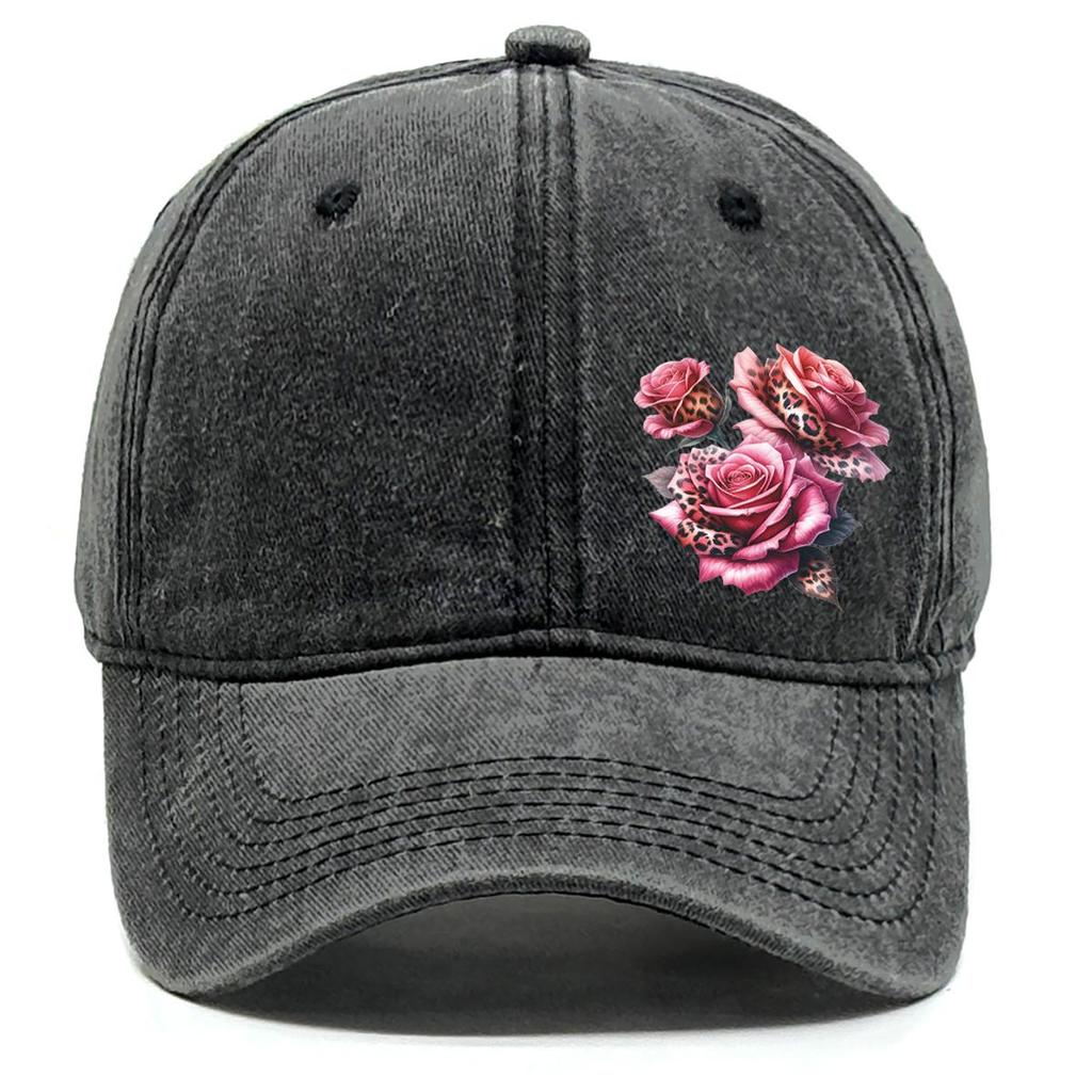 Leopard Rose Print Adjustable Sun Hat, Flower Woman's Cap Raw Brim Stylish Unisex Non-Stretch Fabric Snapback Baseball Hat