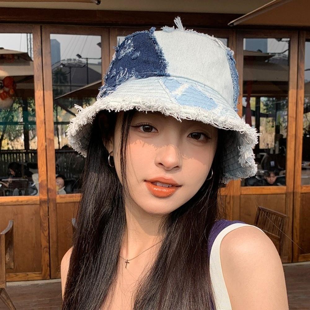 Patched Denim Bucket Hat Beggar Style Sun Protection Basin Cap Niche Retro Fisherman Hat Unisex