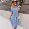 Women Summer Floral Midi Dress Short Sleeve Button Down Belted Dress Casual V Neck Shirt Dress with Slit Hem