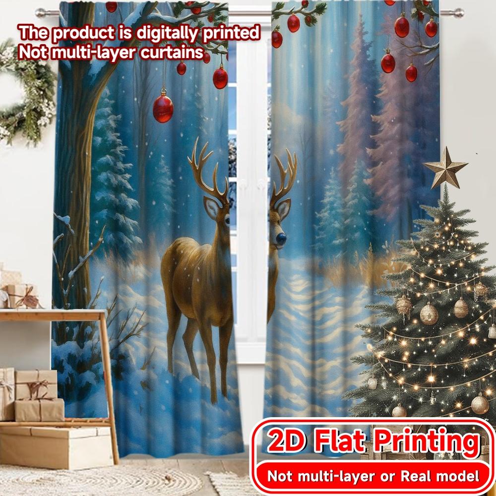 

Set Of 2 Modern Flat Printing Curtains Without Rod Winter Deer Scene Fashionable Curtainments Polyester Decorations Curtain Made W100*H70(CM)-Rod Pocket&1PCS