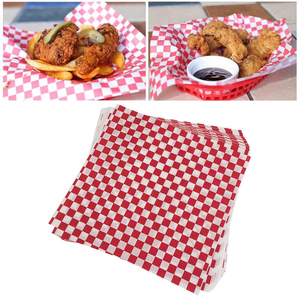 100er Pack Lebensmittelpapier-Einlagen Ölbeständiges Verpackungspapier Quadratische Lebensmittel-Verpackungsbögen Geeignet für Delikatessenkörbe