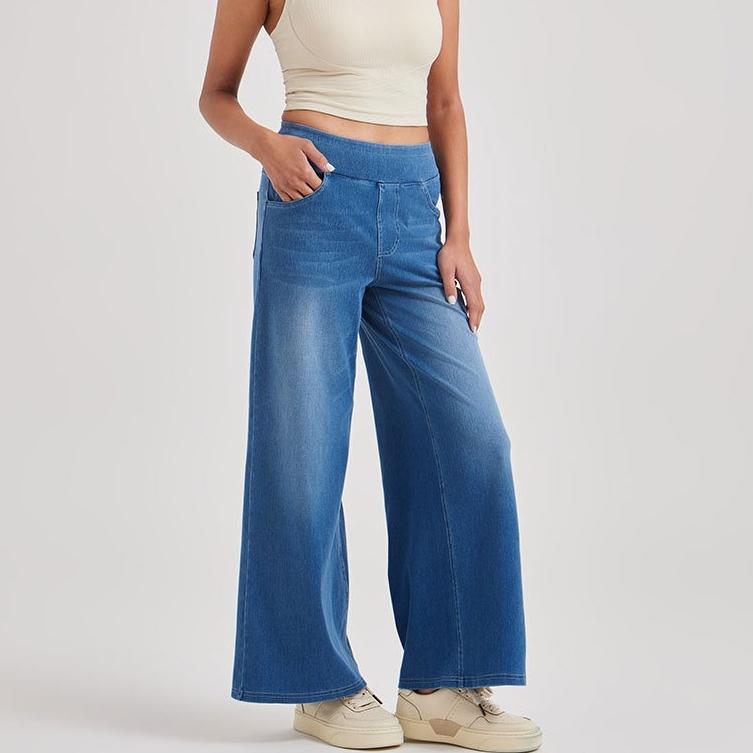 Women'S Jeans, Ladies Washed Casual High Waist Elastic Waistband Loose Fit Denim Pants and Clothing, Versatile Elegant Wide Leg Jeans for Women