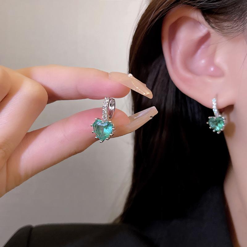 New blue emerald love ear buckle women's niche design high-end micro-zircon earrings ear jewelry
