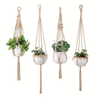 4pcs Macrame Plant Hanger - Handmade White Rope Flower Pot Holder - Perfect for Indoor & Outdoor Garden Decoration