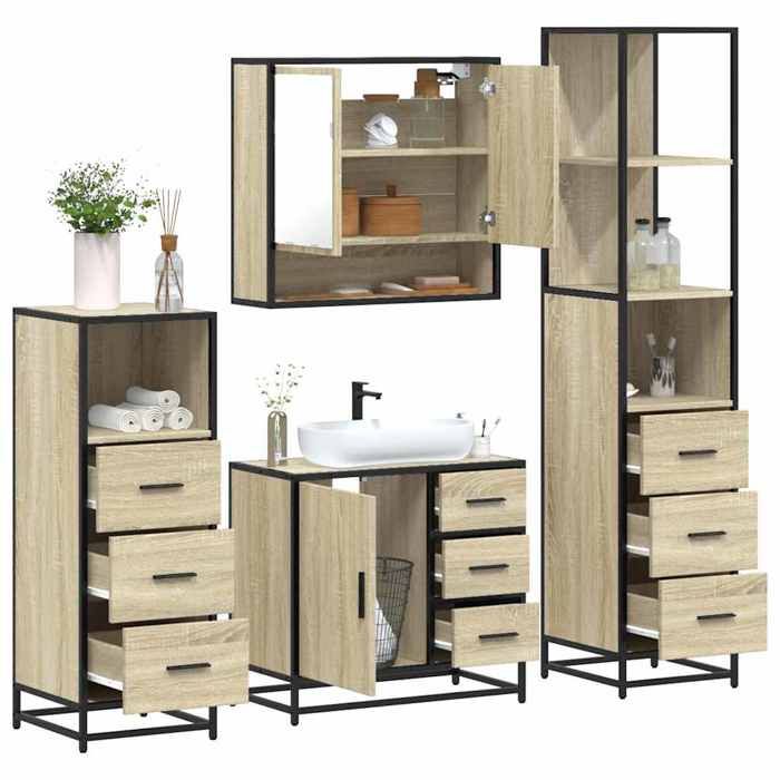 VidaXL Ensemble De Meubles De Salle De Bain 4 Pcs Chêne Sonoma, Armoire De Salle De Bain, Armoire De Rangement De Toilette, 3301286