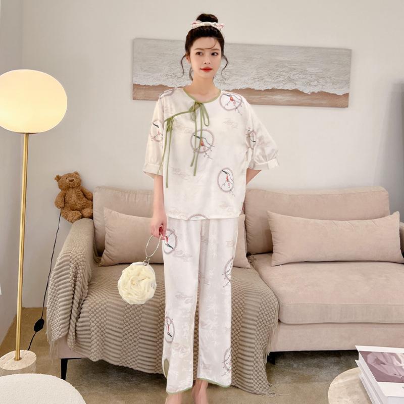 Women's pajamas new spring and summer ice silk comfortable and high-end new Chinese style loungewear set retro thin