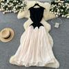 Summer Women's Niche High-end Fashion Contrasting Color Splicing Waist Sleeveless Mesh Dress Women's French Long Dress