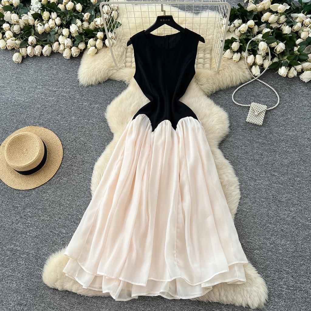 Summer Women's Niche High-end Fashion Contrasting Color Splicing Waist Sleeveless Mesh Dress Women's French Long Dress