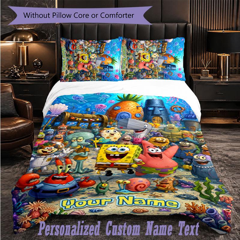 Personalized 3Pcs Bedding SetSpongeBob Custom Text Duvet Cover Pillowcase Set Bedroom Gift