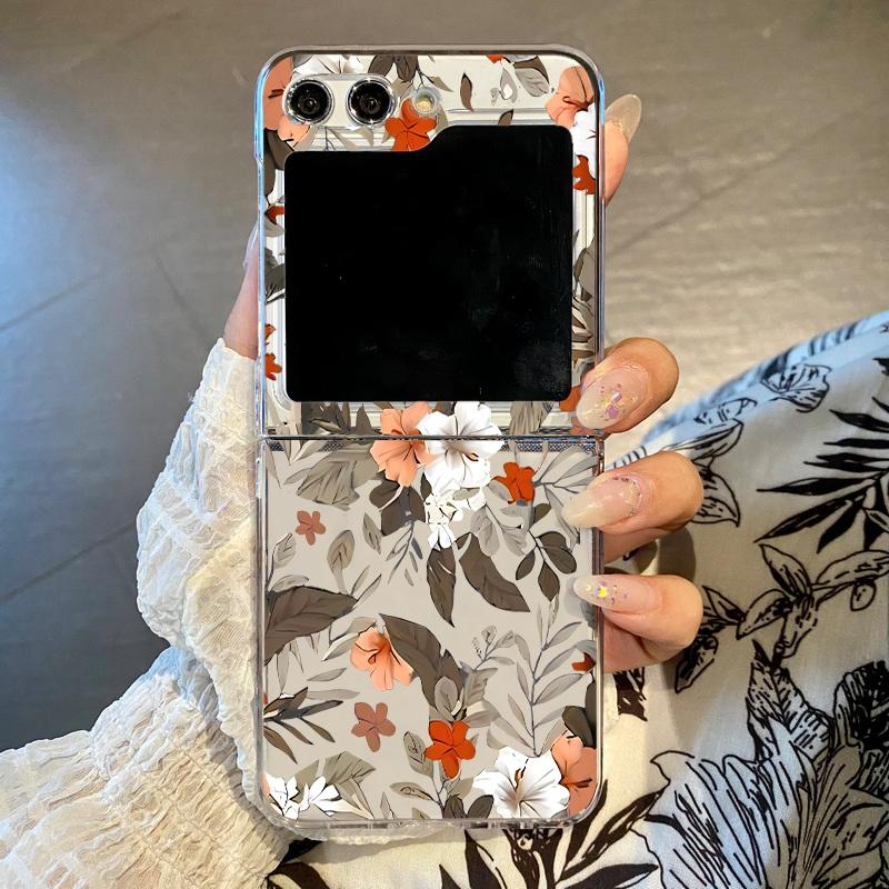 Romantic Floral Pattern Phone Case For Samsung Galaxy Z Flip 6 5 4 3 5G Folding Hard Clear Cover For Samsung Z Flip6 Flip4 Flip5