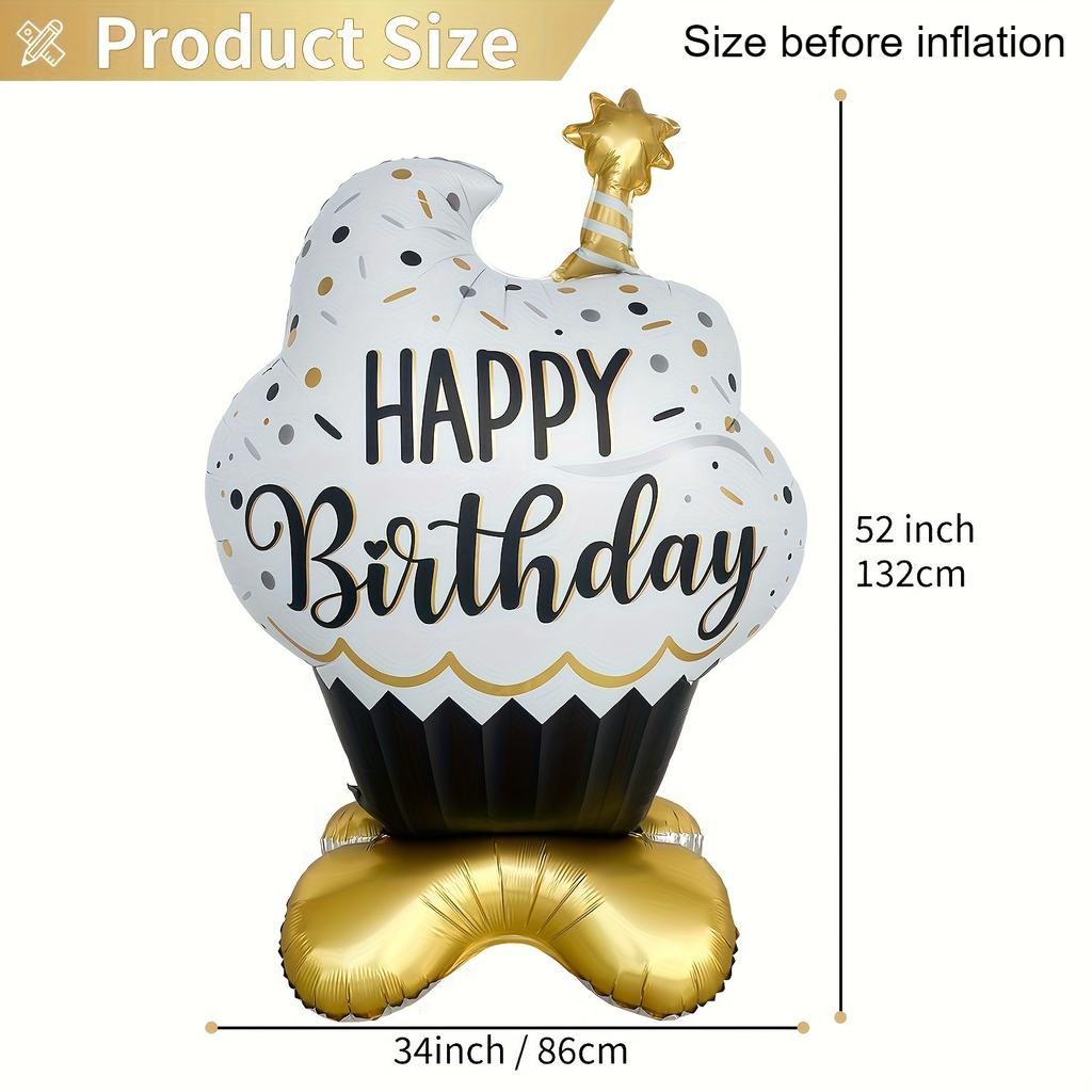 1pc Large Standing Black Golden Candle Cupcake-Shaped Aluminum Foil Balloon with Happy Birthday Letter Birthday Party Decoration