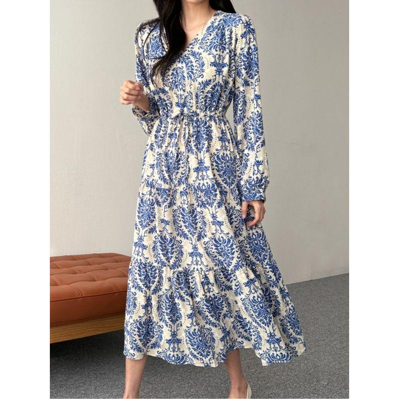 K-style Plus Size Women's Clothing V Neck Vintage Print Lace-up Waist Trimming Ruffles Mid Length Long Length Long Sleeves Dress Trendy Dress