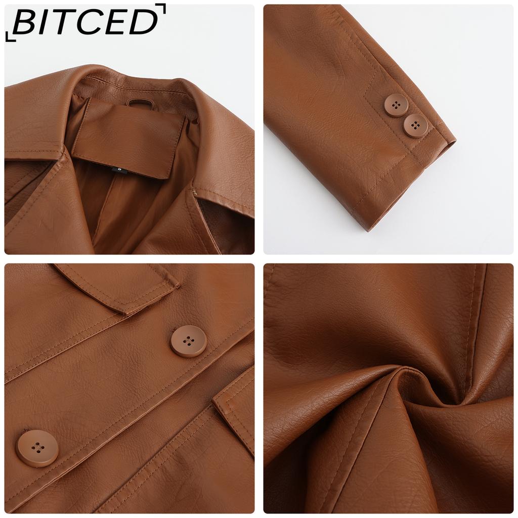 BITCED Long-Length Leather Coat Spring/Autumn Long-Sleeved Leather Trench Coat Stylish British-Style Outerwear Polo Neck Single-Breasted