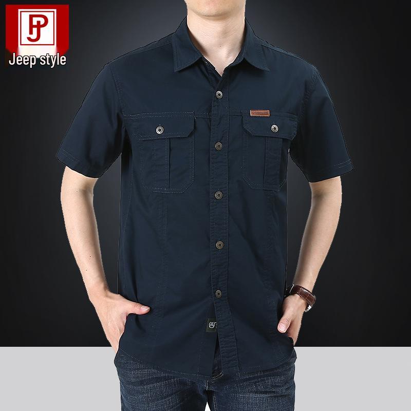 2024 Men's Casual Cotton Military Shirt - Washed, Thin, Loose Short Sleeve