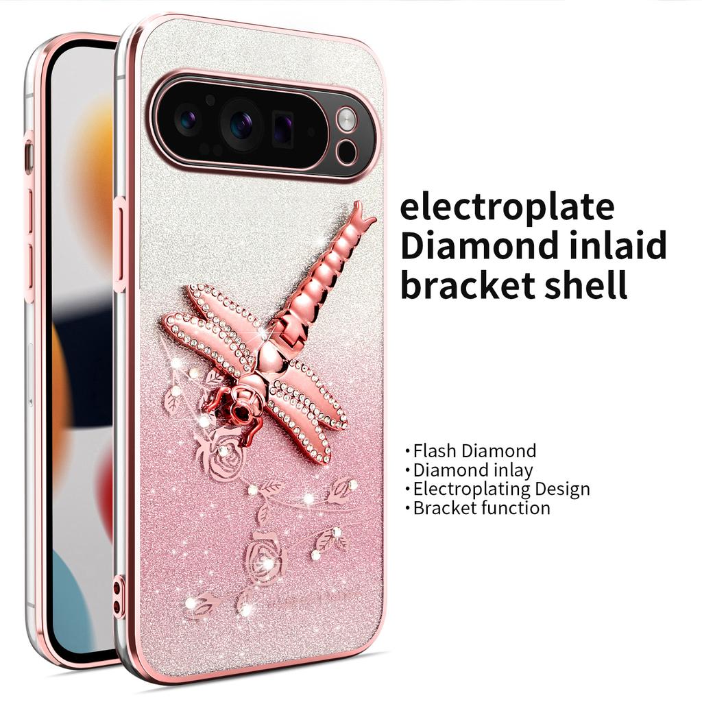 KADEM For Google Pixel 10 Pro XL Case Dragonfly Kickstand TPU Flowers Glitter Phone Cover