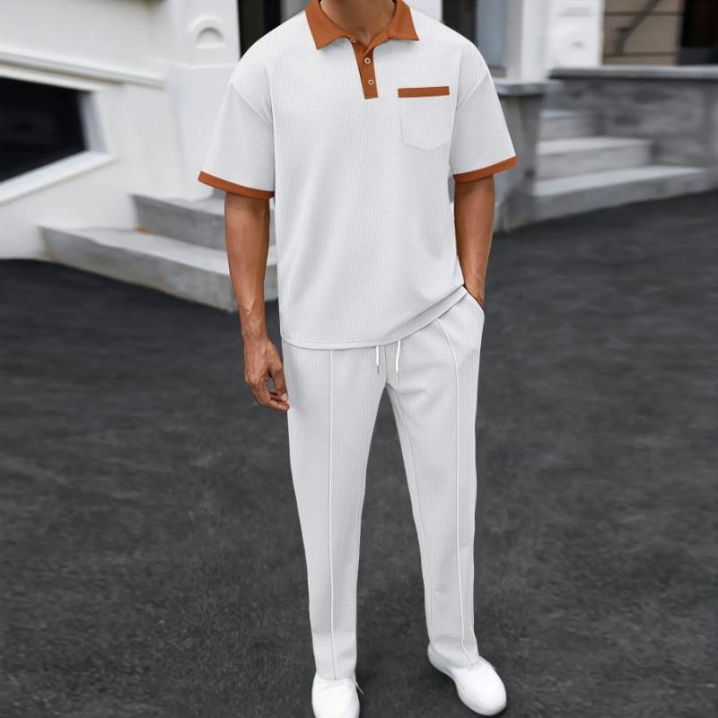 Elastic Waist Trousers Two-piece Casual Set Men's New Lapel Color Blocking Pocket
