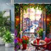 Floral Door Pattern Shower Curtain, Bathroom Shower Waterproof Curtain with 12 Hooks, Fish Shaped Home Decoration, Free Delivery