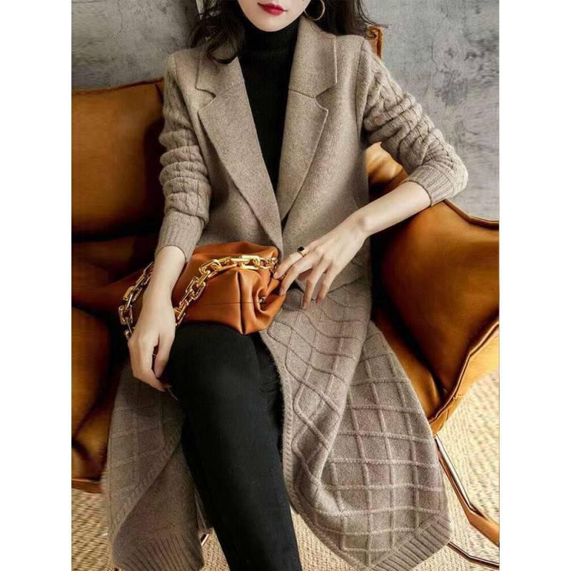 Women's Mid-Length Wool Knit Cardigan - Thickened Loose Sweater Coat for Autumn & Winter
