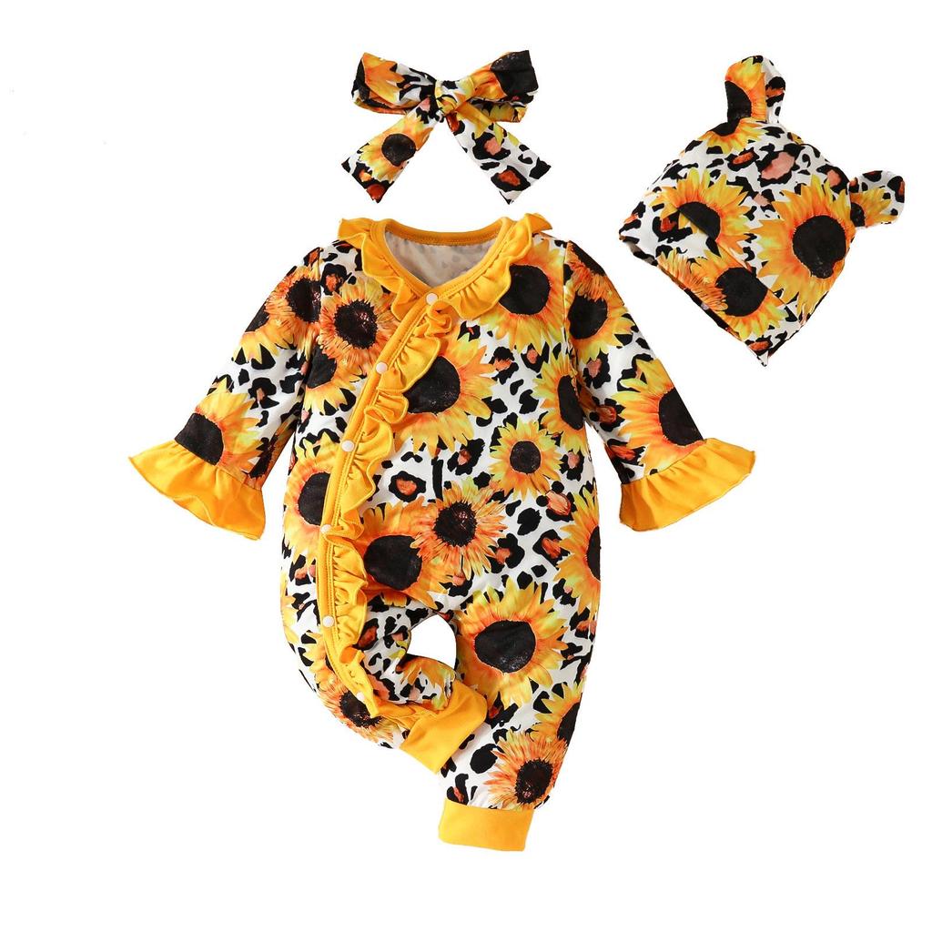 Baby Horn Floral Bodysuit & Lace Hat Set - Girl's Three-Piece Outfit for Crawling