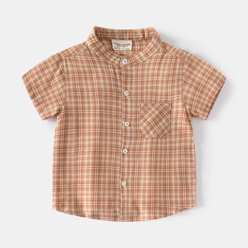 Children's Clothing Summer Boys' Stand Collar Short Sleeve Plaid Shirt Kids Casual Pocket Shirt Baby Boys' Half Sleeve Tops