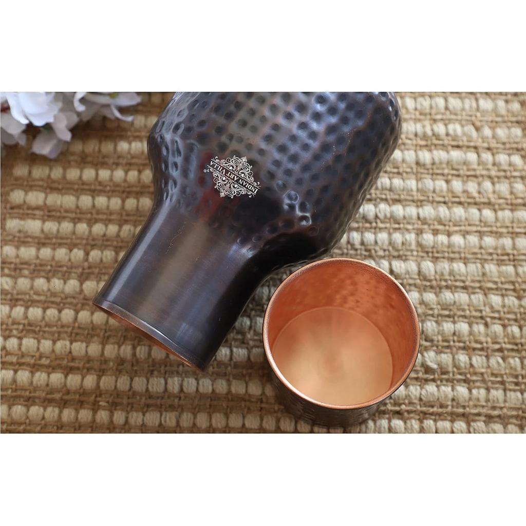 Copper Bedroom Water Bottle with Inbuilt Glass, Ghada Design, Hammered Antique Dark Finish - Drinkware & Storage Purpose, Volume 1530 Ml (Pack of 2)
